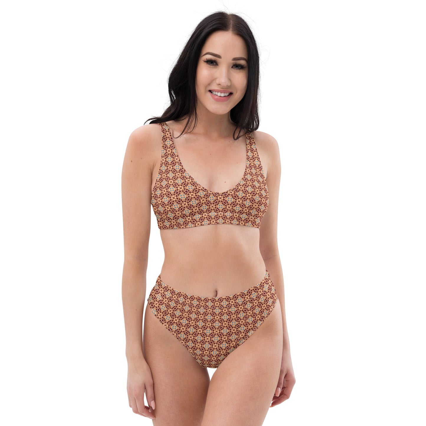 Porto Blue and Rust Mosaic print high-waisted bikini