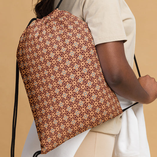 Porto Blue and Rust Mosaic Print Drawstring Bag