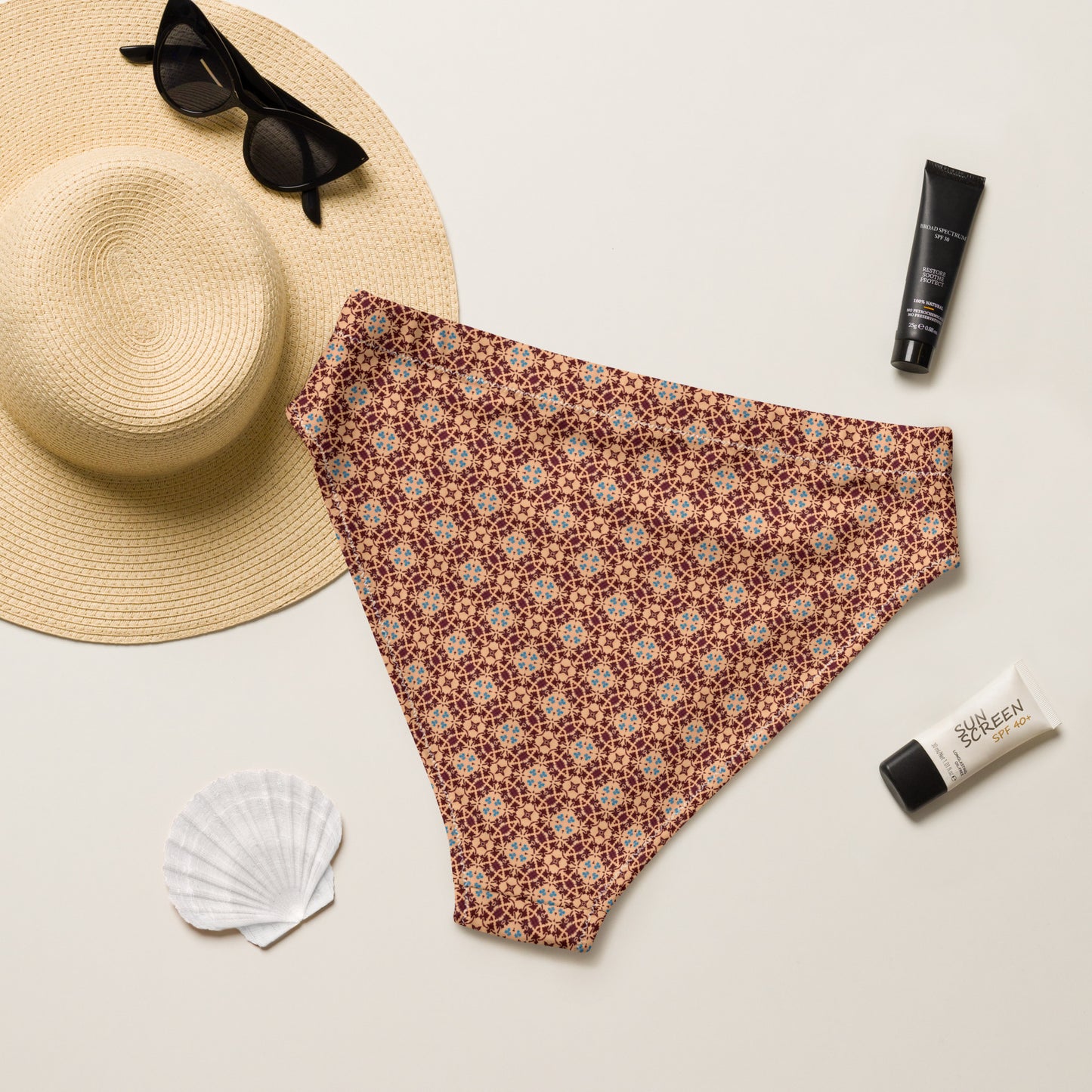 Porto Blue and Rust Mosaic print high-waisted bikini bottom