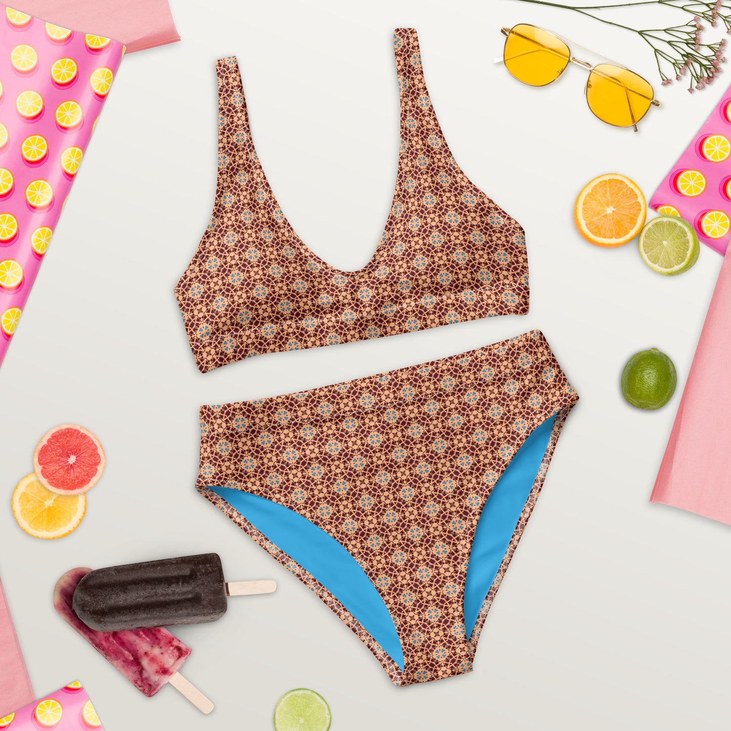 Porto Blue and Rust Mosaic print high-waisted bikini