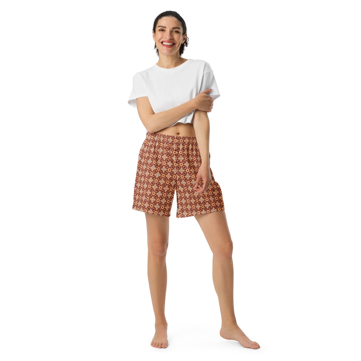 Porto Blue and Rust Mosaic Print Unisex Athletic Long Shorts