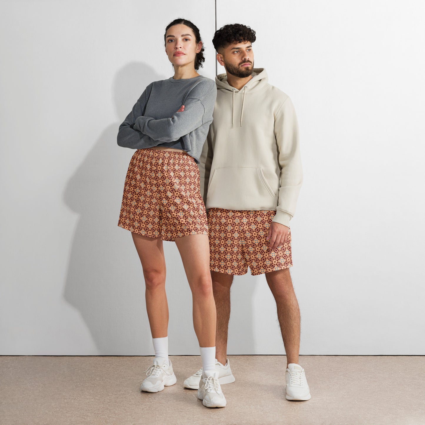Porto Blue and Rust Mosaic Print Unisex Athletic Long Shorts
