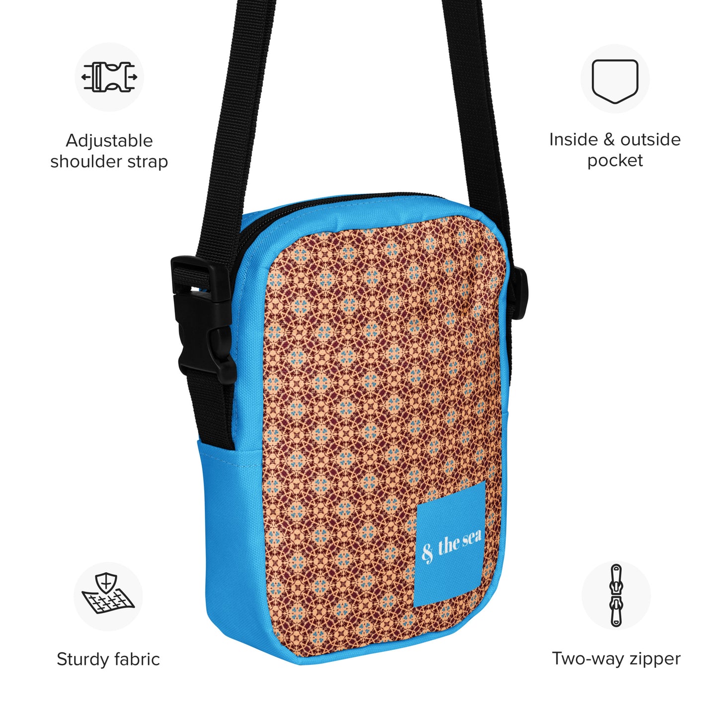 Porto blue and rust mosaic printed utility crossbody bag
