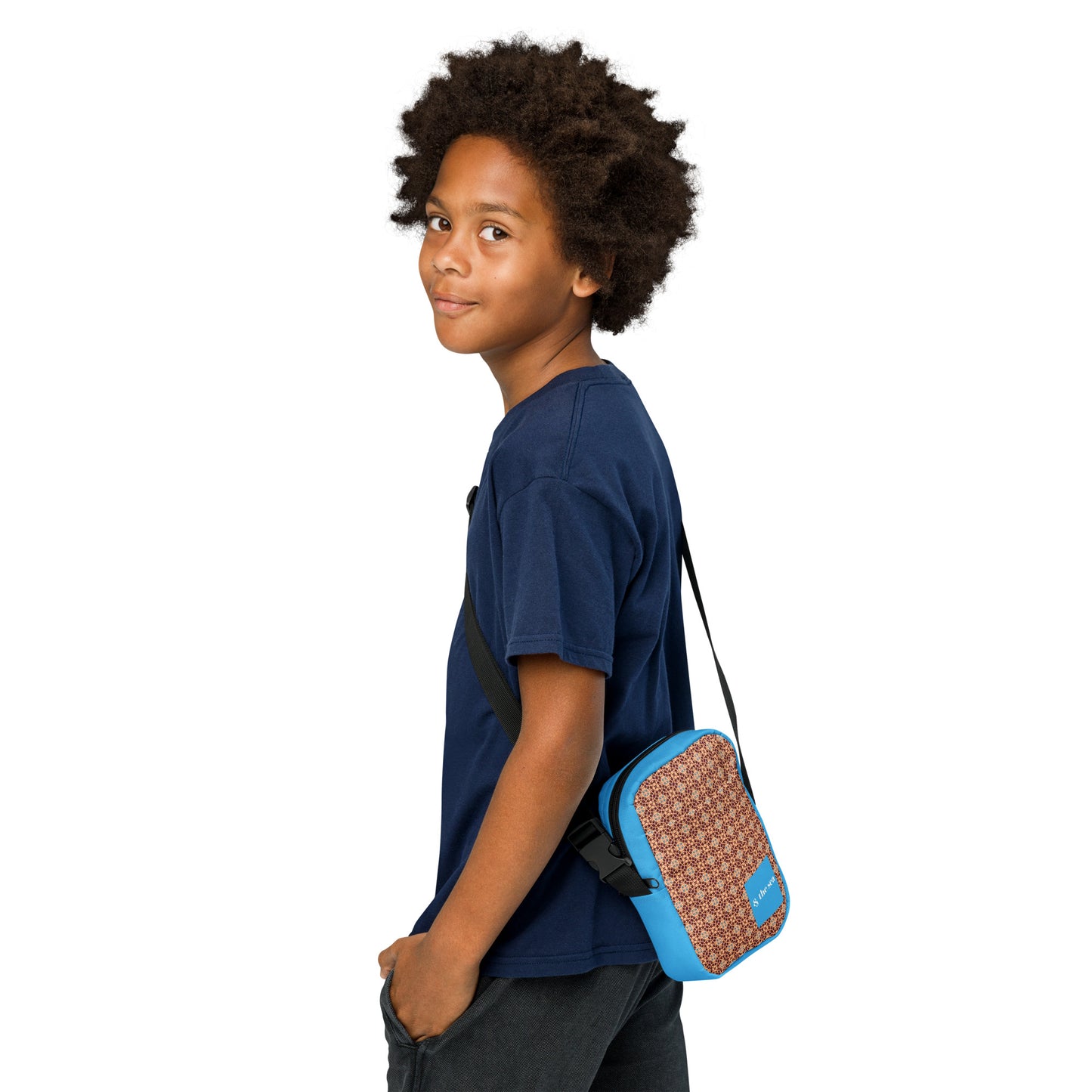 Porto blue and rust mosaic printed utility crossbody bag