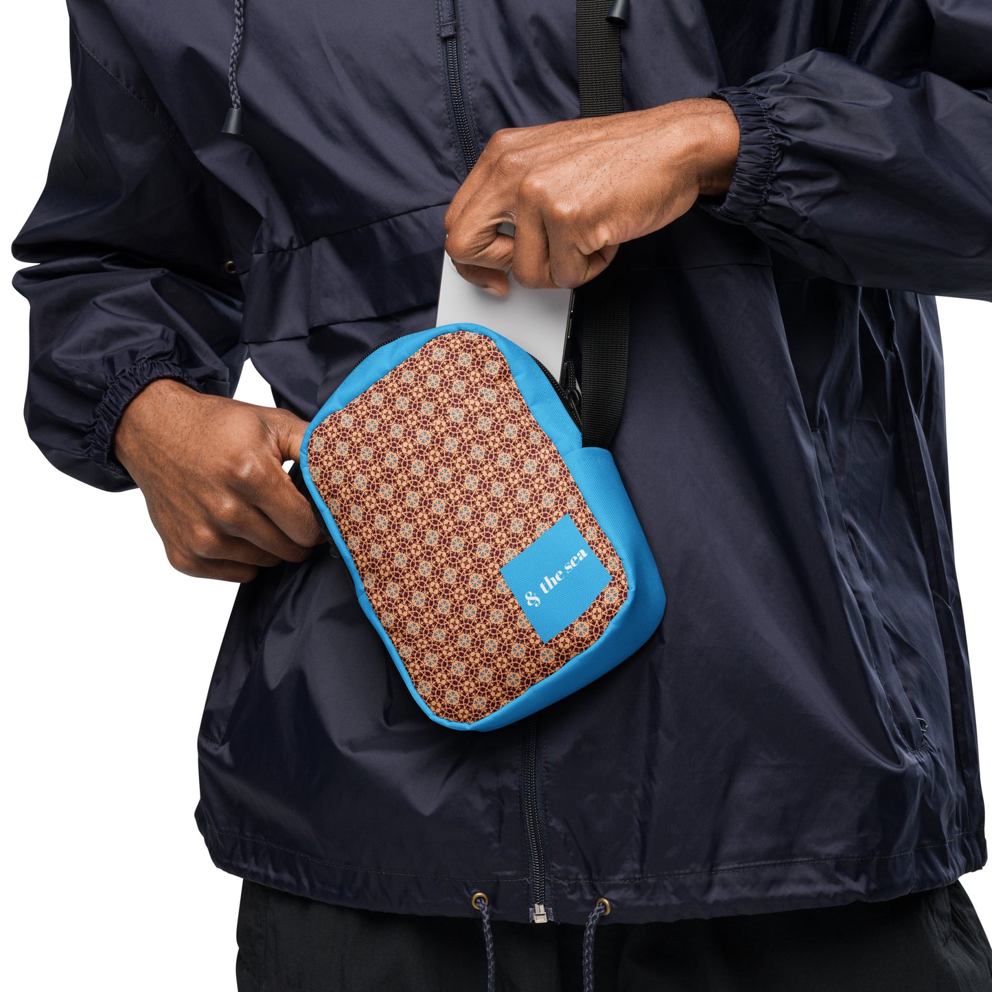 Porto blue and rust mosaic printed utility crossbody bag