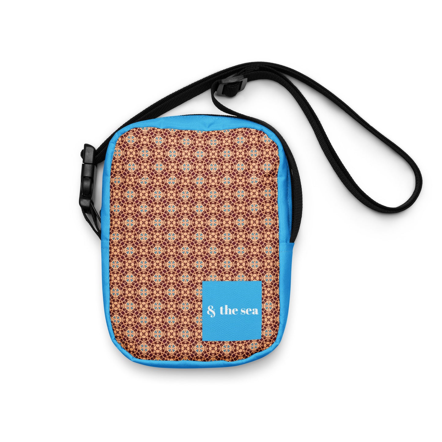 Porto blue and rust mosaic printed utility crossbody bag