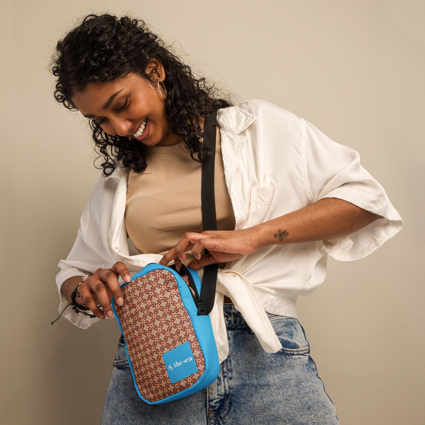 Porto blue and rust mosaic printed utility crossbody bag