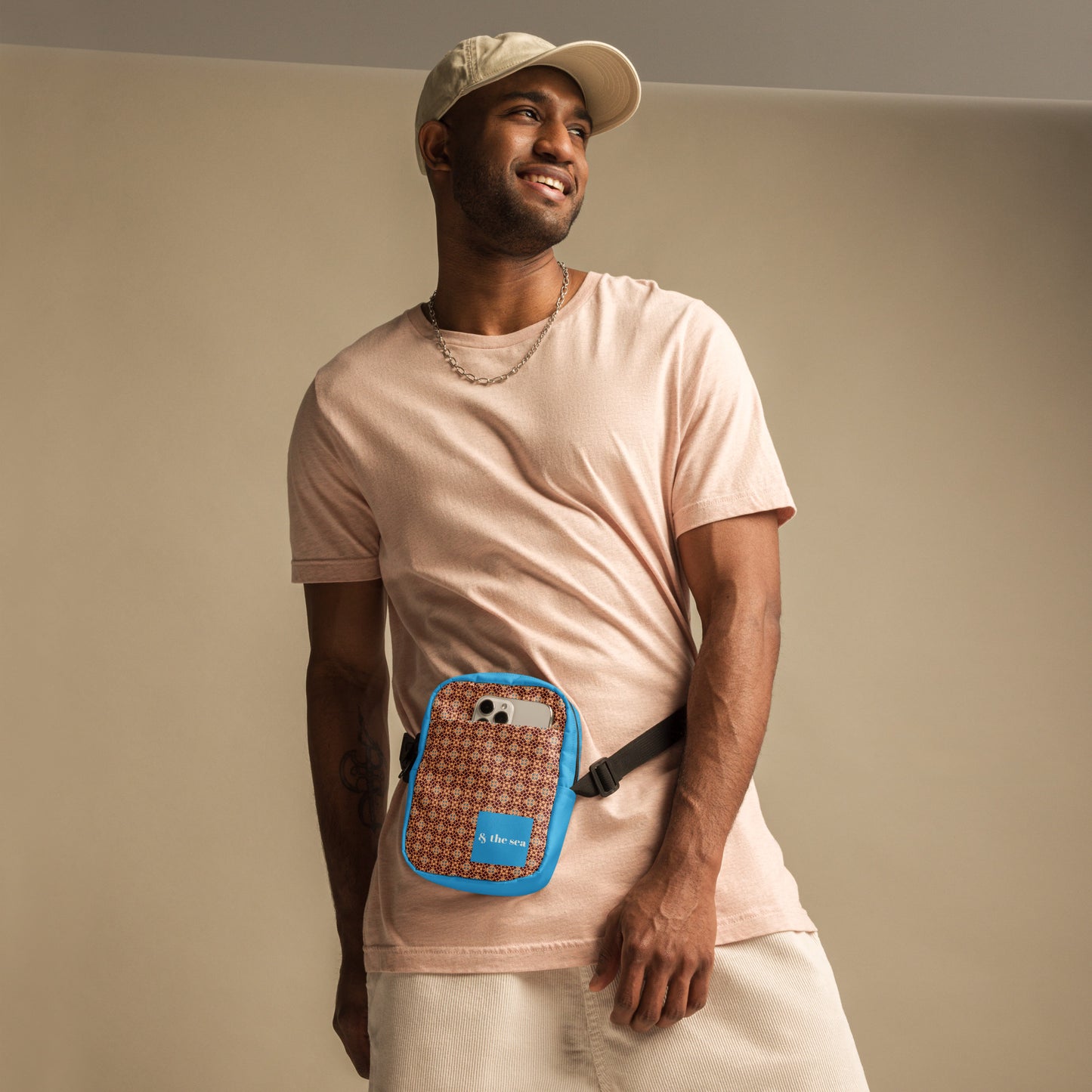 Porto blue and rust mosaic printed utility crossbody bag