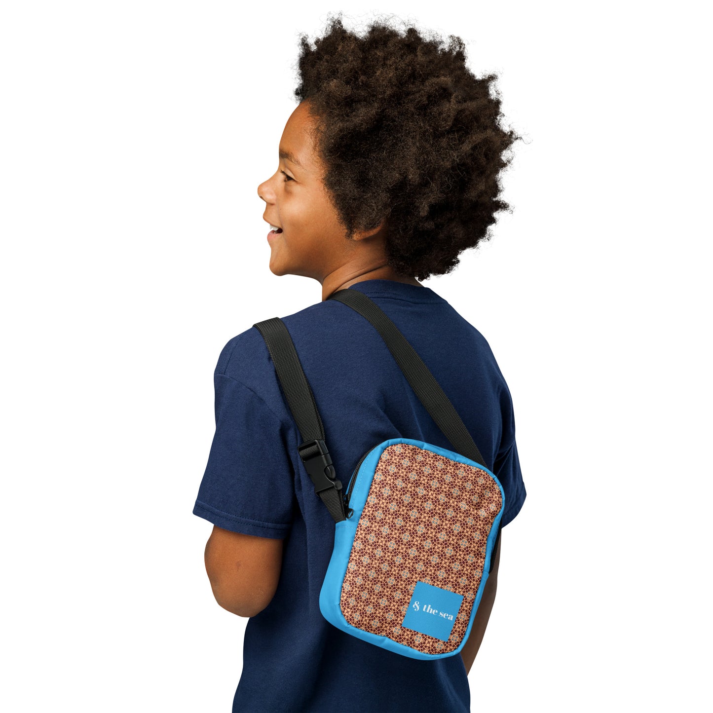 Porto blue and rust mosaic printed utility crossbody bag
