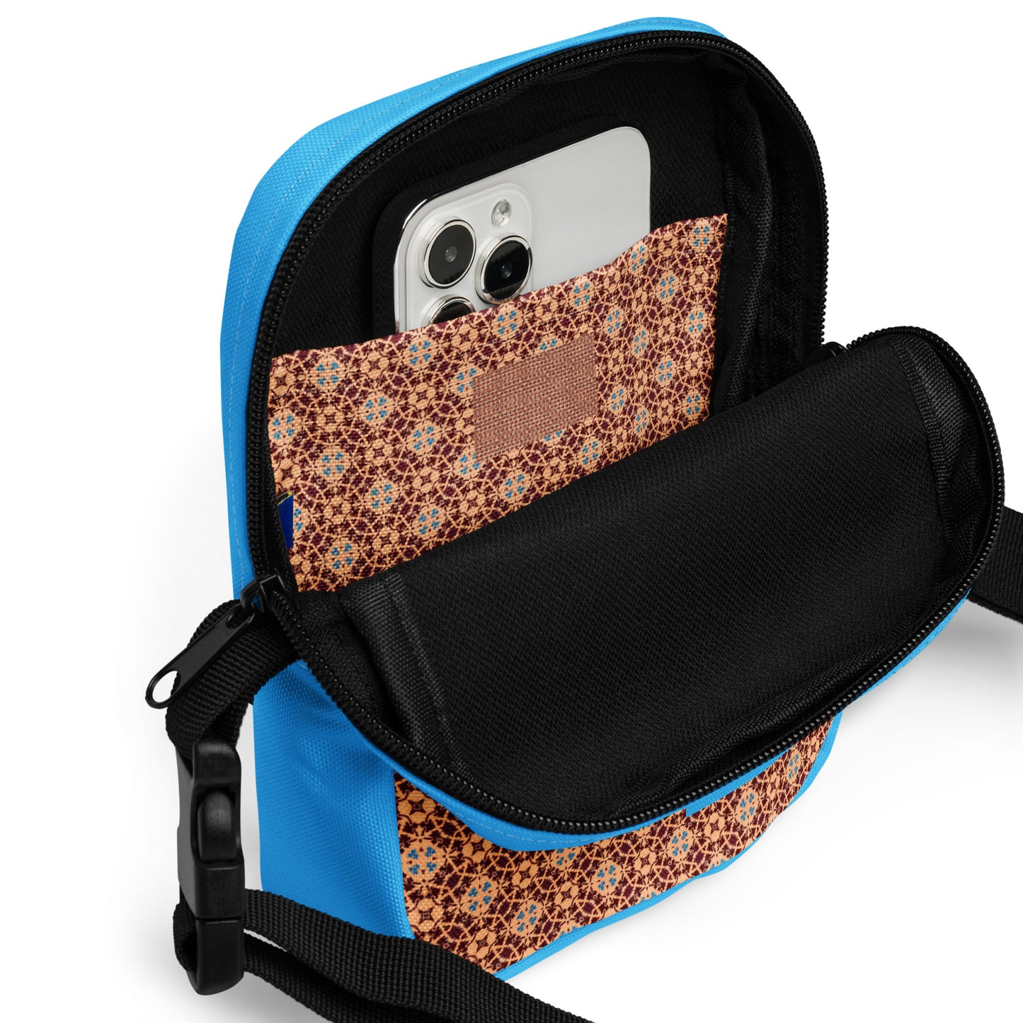 Porto blue and rust mosaic printed utility crossbody bag