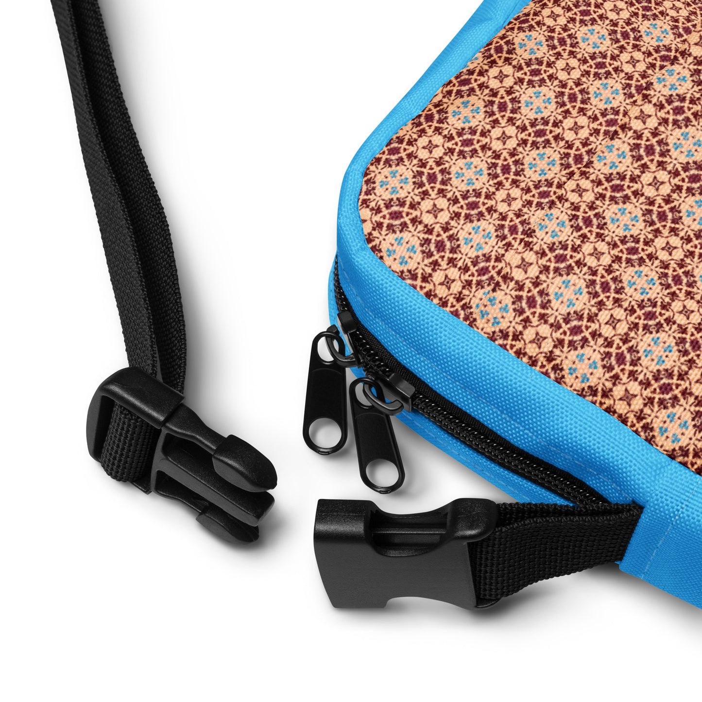 Porto blue and rust mosaic printed utility crossbody bag